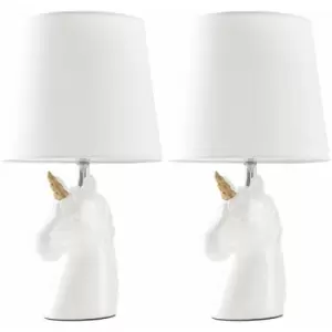 2 x White & Gold Ceramic Unicorn Table Lamps White Light Shade - No Bulbs