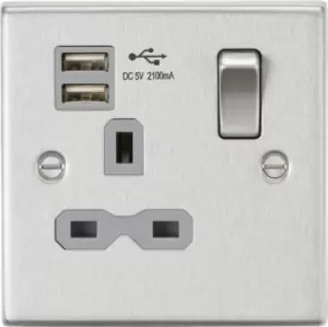 KnightsBridge 13A 1G Switched Socket Dual USB Charger (2.1A) with Grey Insert - Square Edge Brushed Chrome