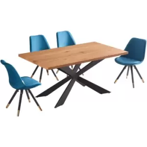 5 Pieces Life Interiors Sofia Duke Dining Set - an Oak Rectangular Dining Table and Set of 4 Blue Dining Chairs - Blue