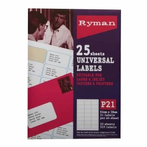 Ryman P21 Universal Label Sheets - 25 Pack