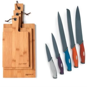 Progress 5 Piece Kitchen Knife Set and 3 Piece Bamboo Paddle Chopping-Board Set