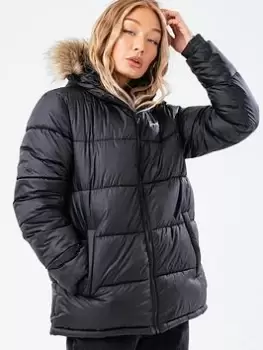 Hype Faux Fur Trim Padded Jacket - Black, Size 6, Women
