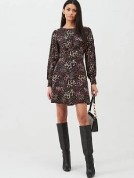 Oasis Mixed Ditsy Floral Long Sleeve Tea Dress - Black , Multi Black, Size L, Women
