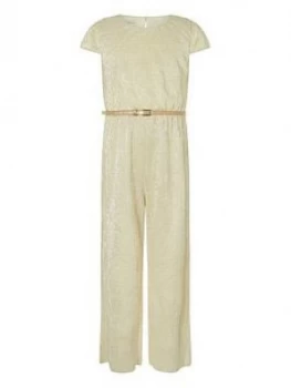 Monsoon Girls Shimmer Jersey Jumpsuit With Belt - Gold, Size 12-13 Years, Women