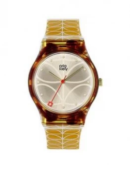 Orla Kiely Bobby Champagne and Tortoise Shell Dial Gold Stem Print Silicone Strap Ladies Watch, One Colour, Women