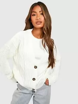 Boohoo Cable Knit Crop Cardigan - Ivory, Cream, Size L, Women