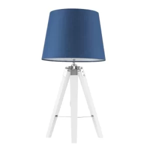 Clipper White and Chrome Tripod Table Lamp with Navy Blue Aspen Shade