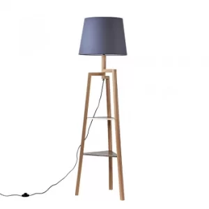 Towa Light Wood Tripod Floor Lamp with Shelves and XL Grey Aspen Shade