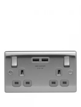 British General Brushed Steel Double Switched Socket With X2 USB Sockets -3.1A