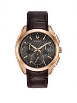 Bulova Curv Black And Rose Gold Chronograph Dial Brown Leather Strap Mens Watch
