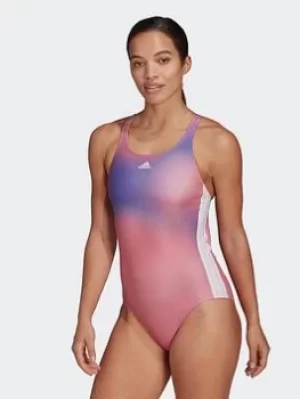 adidas Melbourne Print 3-stripes Swimsuit, Blue, Size 26, Women