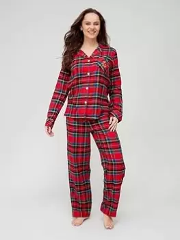Lauren by Ralph Lauren Brushed Twill Notch Collar Long Pant Pyjama Set - Red Plaid, Red, Size L, Women