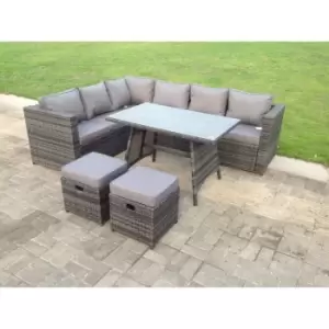 Fimous Dark Mixed Grey Rattan Garden Outdoor Corner Sofa Set Rectangular Dining Table Small Footstools 8 Seater