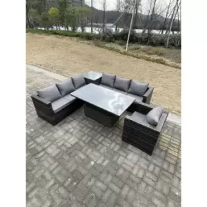 Fimous - 7 Seater pe Rattan Corner Sofa Set Garden Furniture Rising Adjustable Dining Table Set High Side Coffee Table With Arm Chair