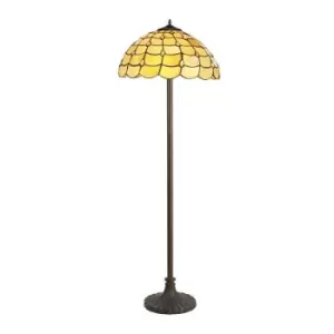 2 Light Stepped Design Floor Lamp E27 With 40cm Tiffany Shade, Beige, Clear Crystal, Aged Antique Brass - Luminosa Lighting