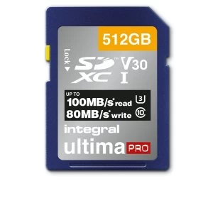 Integral 512GB SD Card SDXC UHS-1 U3 Cl10 V30 Up To R-100 W-80 Mbs