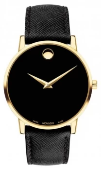 Movado Mens Mueseum Black Leather Gold Plated Case 0607195 Watch