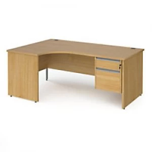 Dams International Left Hand Ergonomic Desk with 2 Lockable Drawers Pedestal and Oak Coloured MFC Top with Silver Panel Ends and Silver Frame Corner P