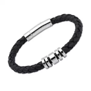 Unique Stainless Steel 5 Ring 21cm Black Leather Bracelet A65BL