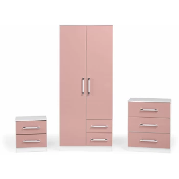 Jasper Bedroom Set Wardrobe Chest Bedside Drawers White & Pink Gloss - Seconique