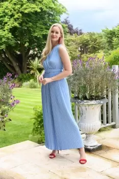 Blue Pleated Jumpsuit With Belt
