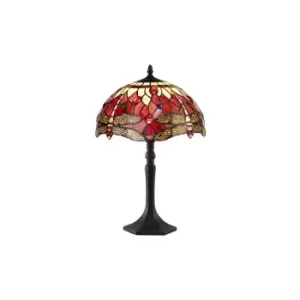 1 Light Octagonal Table Lamp E27 With 30cm Tiffany Shade, Purple, Pink, Crystal, Aged Antique Brass