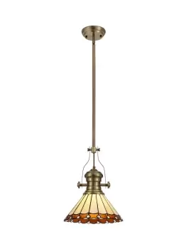 1 Light Telescopic Ceiling Pendant E27 With 30cm Tiffany Shade, Antique Brass, Amber, Crystal