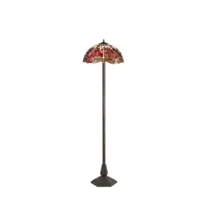 2 Light Octagonal Floor Lamp E27 With 40cm Tiffany Shade, Purple, Pink, Crystal, Aged Antique Brass