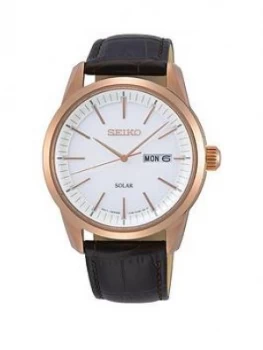 Seiko Seiko White And Rose Gold Detail Daydate Dial Black Leather Strap Mens Watch