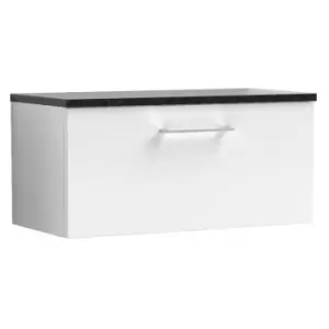 Arno Gloss White 800mm Wall Hung Single Drawer Vanity Unit with Sparkling Black Laminate Worktop - ARN125LSB - Gloss White - Nuie