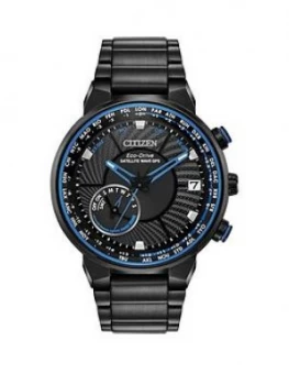 Citizen Eco-Drive Satellite Wave GPS Black and Blue Detail Chronograph Dial Black Stainless Steel Bracelet Mens Watch, One Colour, Men