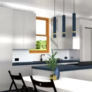 Joker Contemporary Pendant Lamp 3XGU10 Hand Made Cylindrical Style Lights Finished in Navy Blue With Striking Gold Detail