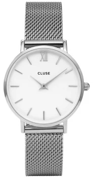 CLUSE Minuit Silver Steel Mesh Bracelet White Dial Watch