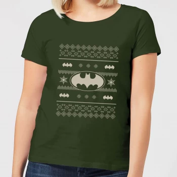 DC Batman Knit Pattern Womens Christmas T-Shirt - Forest Green - XL