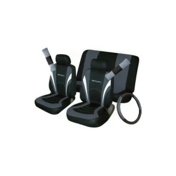 Car Seat, Steering Wheel & Seatbelt Cover Sport - Set - Black/Grey - 10992 - Cosmos