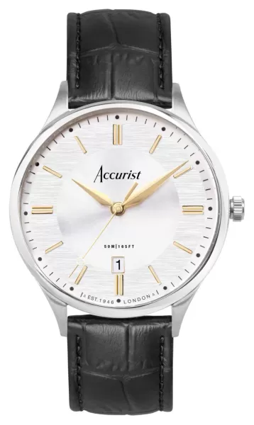 Accurist 73004 Classic Mens Silver Dial Black Leather Watch