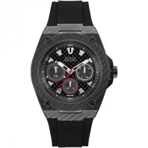 GUESS Gents carbon fibre look watch with Black dial and Black silicone strap.