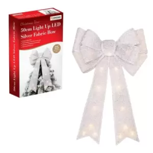 Christmas Workshop 50cm Silver Fabric Bow with 25 Warm White LED Lights
