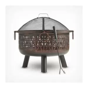 VonHaus Fire Pit Bowl - Geo Firepit with Spark Guard & Poker - Outdoor, Garden, Patio Heater/Burner for Wood & Charcoal - Round Shape - Strong Steel