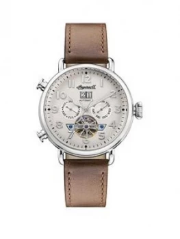 Ingersoll Ingersoll Muse Silver Daydate Skeleton Eye Automatic Dial Tan Leather Strap Watch