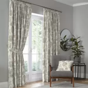 Dreams & Drapes Indira Floral Print 100% Cotton Lined Pencil Pleat Curtains, Coral/Natural, 90 x 90 Inch