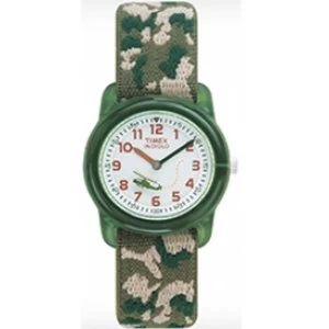 Timex Kids Childrens Quartz Watch with White Dial Analogue Display and Green Textile Strap T78141