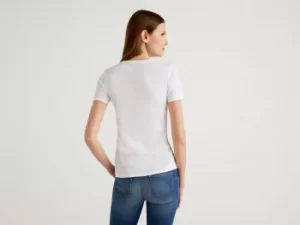 Benetton, T-Shirt In 100% Cotton With Glitter Print Logo, taglia XS, White, Women