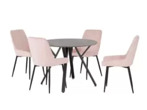 Seconique Athens Concrete Effect Round Dining Table with 4 Avery Pink Velvet Chairs
