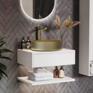 600mm White Wall Hung Countertop Vanity Unit with Brass Basin and Shelf - Lugo
