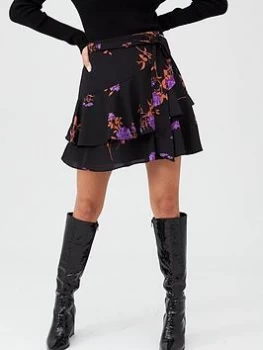 Oasis Violet Floral Flippy Skirt - Multi/Black, Multi Black, Size 18, Women