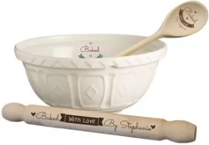 Personalised Baked With Love Baking Set Bowl Spoon And Rolling Pin