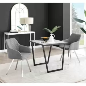 Furniture Box Carson White Marble Effect Square Dining Table and 2 Dark Grey Falun Silver Leg Chairs
