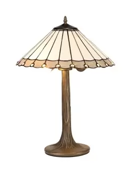 2 Light Tree Like Table Lamp E27 With 40cm Tiffany Shade, Grey, Crystal, Aged Antique Brass
