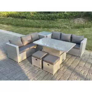 Fimous - Rattan Garden Funiture Set Height Adjustable Rising Lifting Table Sofa Dining Set With Side Coffee Tea Table Stool